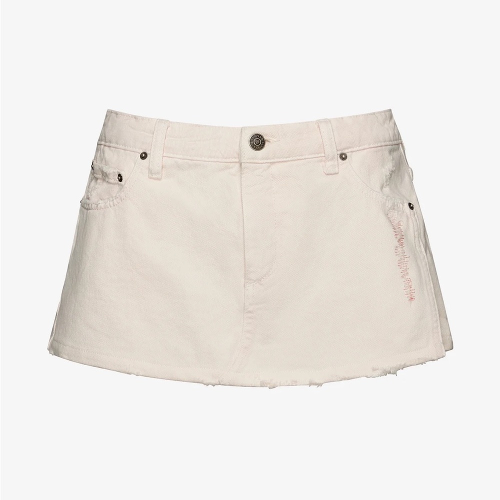 SER.O.YA ZURI DENIM SKIRT IN BLEACH PINK ($275)
